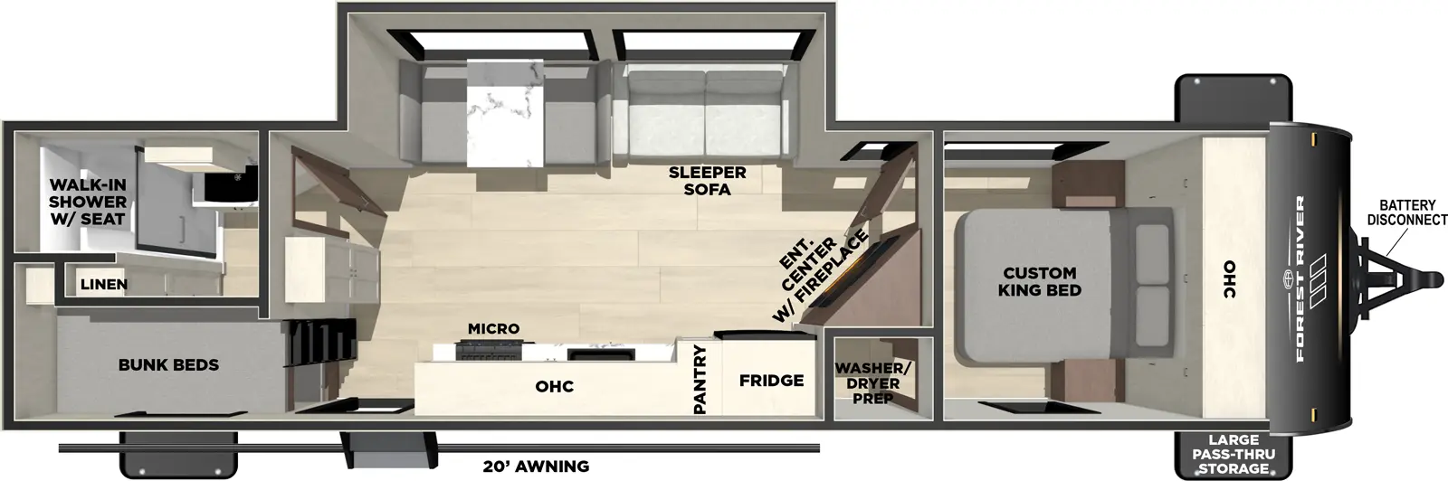 The Vibe 2600BH floorplan has one entry and one slide out. Exterior features include: fiberglass exterior and 20' awning. Interiors features include: bunk beds and front bedroom.